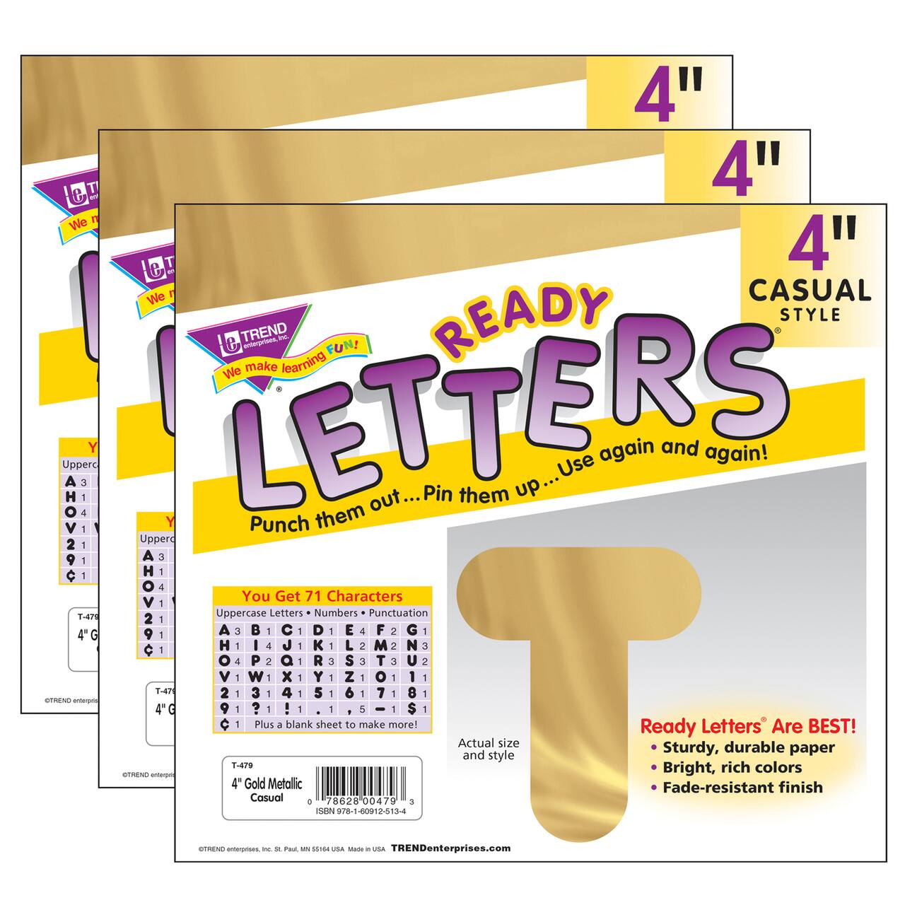 Trend Gold Metallic 4" Casual Uppercase Ready Letters®, 3 Pack